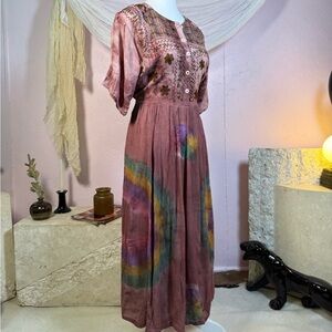 Boho Embroidered Tie Dye Midi Dress M | Cottagecore Earthy Festival Dress